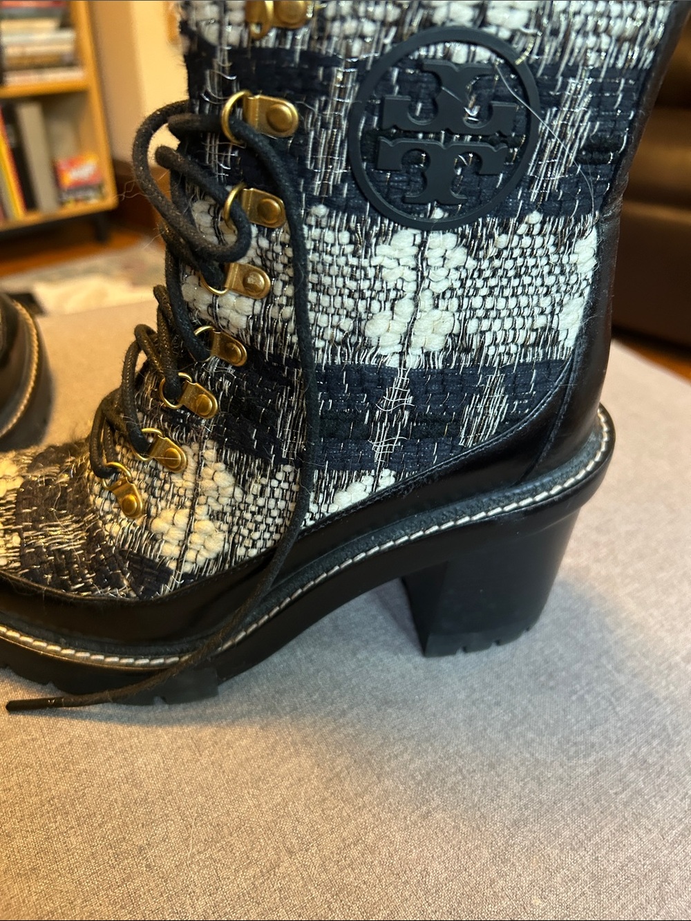 Tory Burch Black and Cream Lace-Up Tweed Ankle Boots - Picture 2 of 3